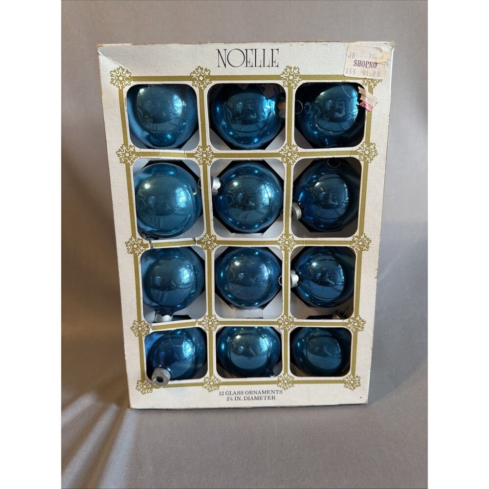 Vintage Noelle Christmas Tree Ornaments – Set of 12 Blue Glass Balls w/ Box